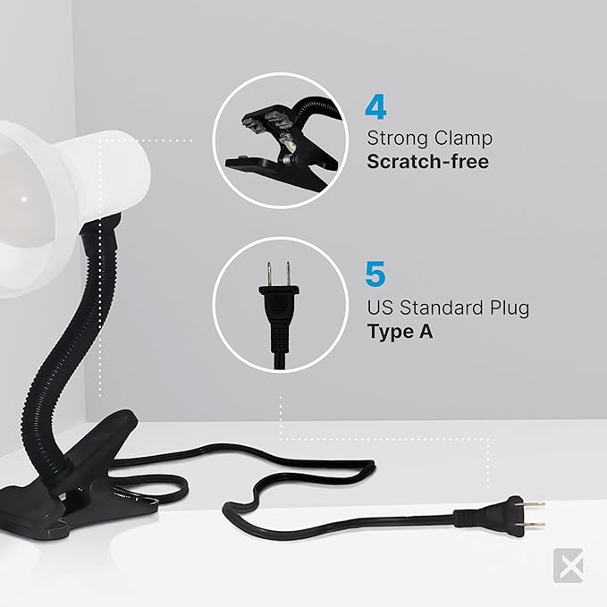 Xtricity LED Clip on Desk Lamp with 360° Flexible Gooseneck, Reading Light for Bed Headboard– 6W A19 Bulb Included, 120V, On/Off Switch, 10.25” Height Table Lamp with White Finish (2 Pack)