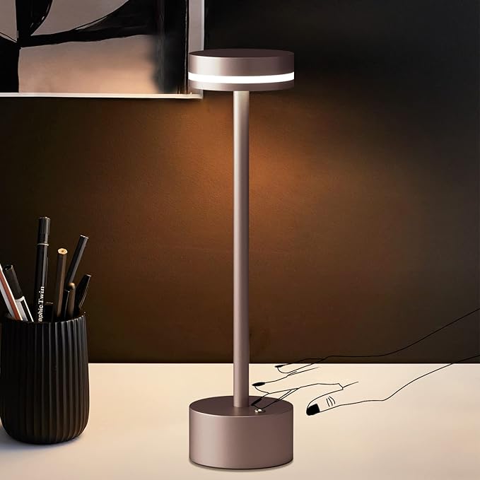 Modern LED Rechargeable Cordless Table Lamp with Touch Sensor, Aluminum Shell, 4000mAh Certified Battery, 3 Levels Brightness, USB-C Charging Port, 3000K Portable Metal Bedside Lamp (Brown)