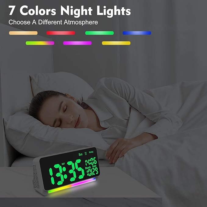 120db Super Loud Alarm Clock for Heavy Sleepers, Bluetooth Connection, 15 Wake Up Sounds, 7 Color Night Light, Dynamic RGB Color Changing, 0-100% Dimmer, Snooze, Digital Clock for Bedroom