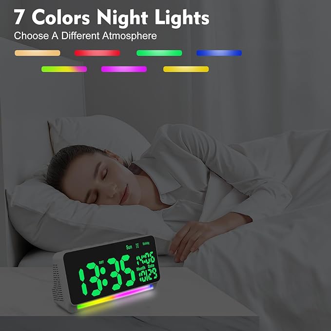 [120db Super Loud] Alarm Clocks for Bedrooms, 15 Wake Up Sounds, 7 Color Night Light, Dynamic RGB Color Changing, 0-100% Dimmer, Snooze, Large LED Display, Digital Clock for Heavy Sleepers Adults