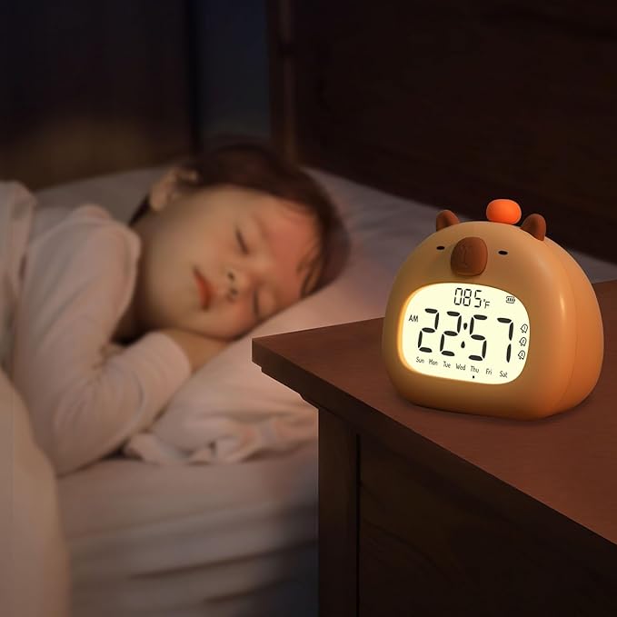 Capybara Kids Alarm Clock with Night Light, Digital Alarm Clocks for Bedrooms, Cute Kawaii Capibara Loud Ok to Wake Up Rechargeable, Snooze, 3 Alarms