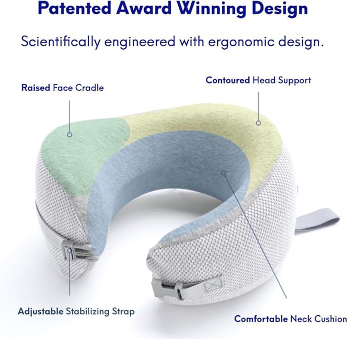C CUSHION LAB Travel Pillow, Award-Winning Patented Ergonomic Design for Chin & Neck Support Memory Foam Neck Pillow, Compact Airplane Pillow for Traveling, Flight, Car (Gray, Medium)