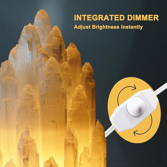 Handcrafted Selenite Lamp Salt Lamp Natural Crystal Light for Relaxation Table Lamp Salt Rock Night Light with Dimmer Switch for Bedroom, Yoga Room, Healing Meditation Decor White