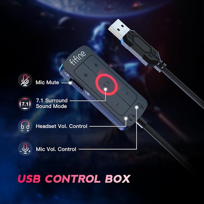 FIFINE PC Gaming Headset, USB Headset with 7.1 Surround Sound, Detachable Microphone, Control Box, 3.5mm Headphones Jack, Over-Ear Wired Headphones for PS5/Xbox/Switch, Black-AmpliGame H9