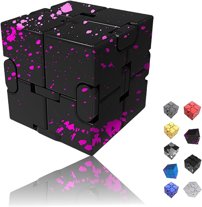 Metal Infinity Cube Fidget Toy - Aluminum Alloy Anti-Stress and Anxiety Finger Flip Cube for Adults, Men, and Women, Ideal Desk Toy for Work or Home - Infinity Cube Desk Toy (Black-Red)