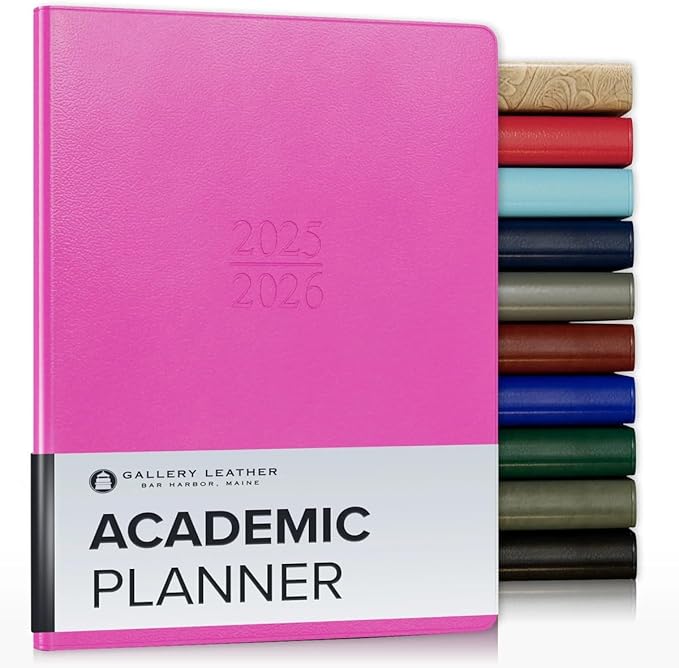 Gallery Leather Academic Planner 2025-2026, Teacher and Student Weekly Monthly Planner, Elegantly Bound Calendar with Gold-Gilded Page Edges, 18 Months - Caribbean Fuchsia - 9x7"