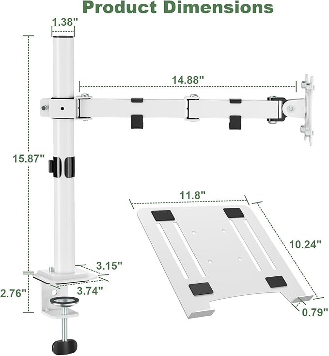 White Laptop Desk Mount with Vented Tray for Notebook up to 17 inch, Fully Adjustable Single Laptop Arm Stand Holds up to 17.6 lbs, Clamp on/Grommet Mounting