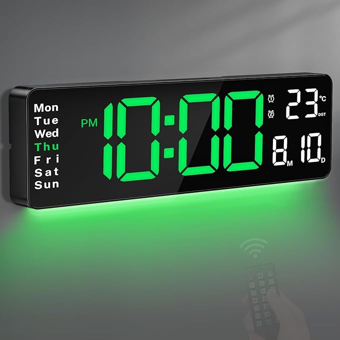 Digital Clock for Classroom, 16" Large Digital Clock with Remote Control, Led Wall Clock with Date, Week, Alarm, Temperature, Night Light for Living Room, Garage, Bedroom, Gym, Office(Green)