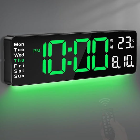 Digital Clock for Classroom, 16" Large Digital Clock with Remote Control, Led Wall Clock with Date, Week, Alarm, Temperature, Night Light for Living Room, Garage, Bedroom, Gym, Office(Green)