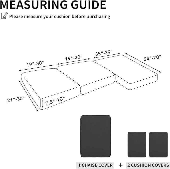 Easy-Going 100% Waterproof 3 Pieces Couch Cushion Covers for Sectional Sofa Left/Right L Shape Chaise Lounge Sofa Seat slipcover Anti-Slip Sofa Cover (2 Seater + 1 Chaise, Dark Gray