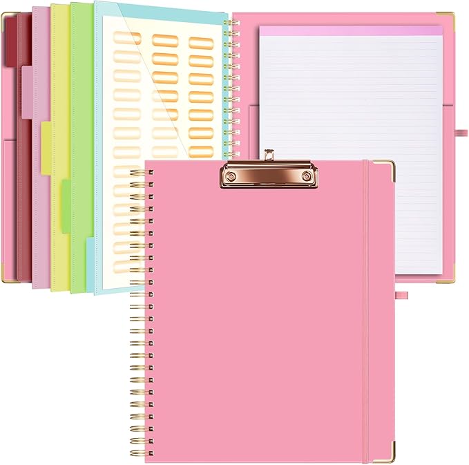 Ospelelf Clipboard with Storage 8.5 X 11，Padfolio Organizer, Spiral Portfolio Letter Size with Notepad, Pen Holder, 5 Extra Folder Divider Pages, Elastic Closure Nurse Office Essentials (Pink)
