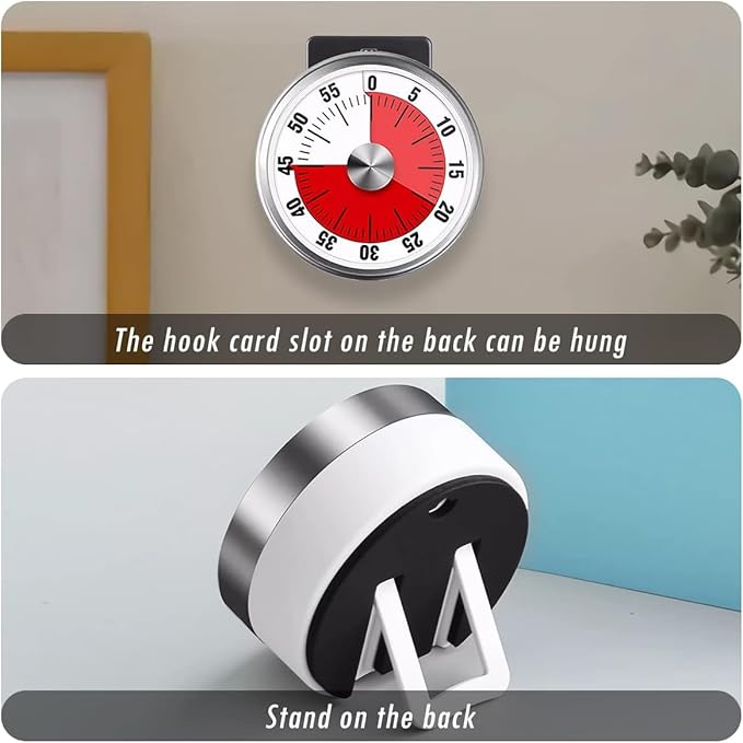 Visual Kitchen Timer for Cooking and Kids with Loud Alarm, Classroom Timers for Desk, No Batteries Required, Mechanical Desk Timer, Magnetic Egg Timer for Study, Chef Clock, Stainless Steel, Countdown