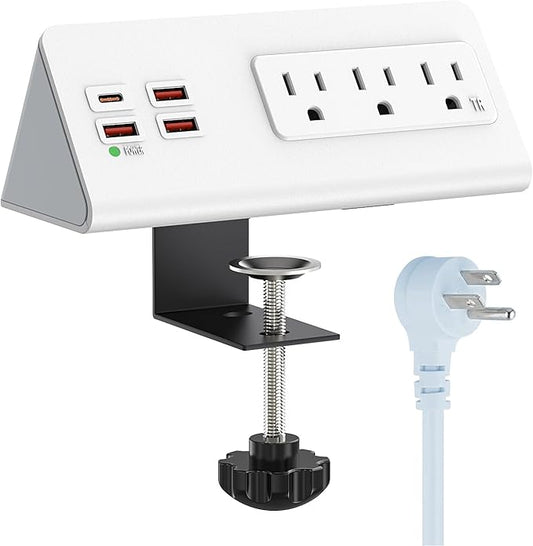 Nightstand Power Strip with USB C, Haiaoyyds Desk Edge Mount Power Hub with 3 Outlets, 4 Fast Charging USB Ports, and 6.56FT Flat Plug Extension Cord for Desk Home Office Accessories, White