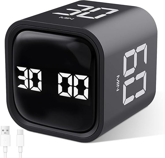GuDoQi Multi-Function Cube Timer, 5/10/30/60 Min & Custom Count Down, Included Pause & Resume Feature, Silent, Vibrate & Adjustable Sound Alarm for Productivity in Tasks, Study & Kitchen, Black