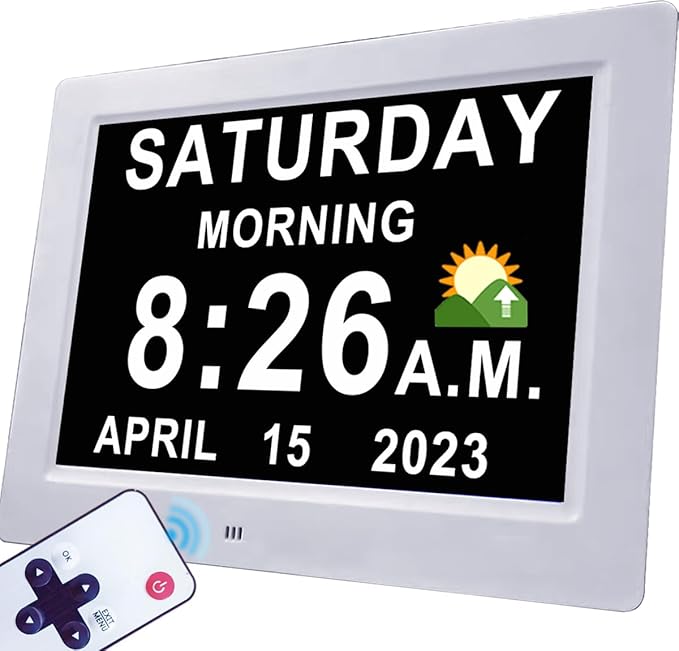 MASSII 【2025 New】 19 Alarms Digital Clock with Loud Voice Talking Time, Auto DST, 20 Custom Reminders, 10-Level Dimmer, Sleep Trainer, Day Date Calendar Clock for Seniors Dementia- 7 Inch with Remote