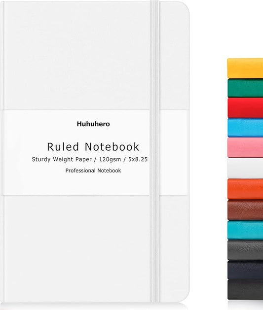 Huhuhero Notebook Journal, Lined Ruled Journal, Hardcover 120Gsm Premium Thick Paper with Faux Leather Notebook for Journaling Writing Note Taking Office School Supplies 5.25"×8.25"(1,White)