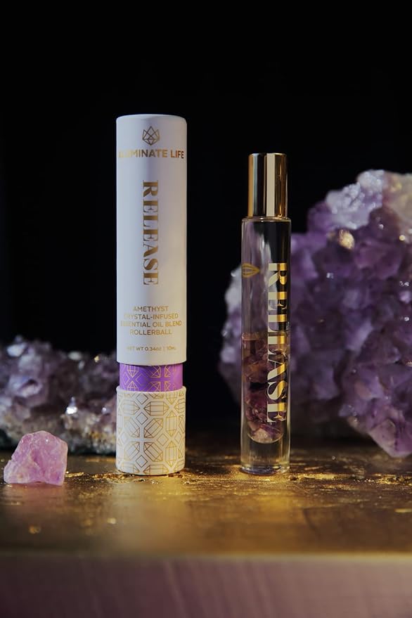 Essential Oil Rollerballs, .34 OZ, Release - Amethyst Crystal Infused - Scent of Lavender, Bergamot, & Frankincense - Aromatherapy Roll On Oils, Skin Care, Massage