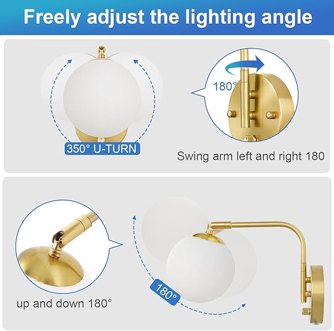 Dimmable Wall Sconces Plug in, Swing Arm Wall Lights with Plug in Cord and Dimmer On/Off Knob Switch, Dimmable Wall Light with Milky White Glass Globe Shade(2 Bulbs Included)