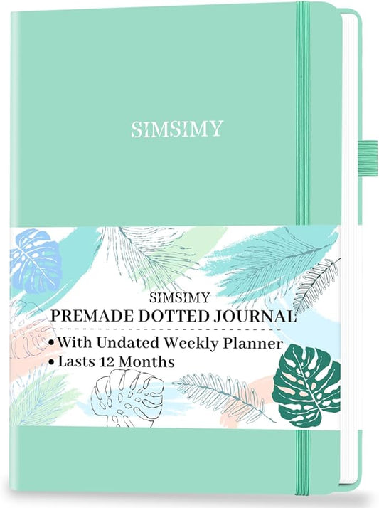 Premade Bullet Dotted Journal with Undated Weekly Monthly Planner, Pre-made Dot Grid Journaling Aesthetic Notebook for Goals Gratitude Budget Exercise Habits Mood Sleep Tracker - 12 Month