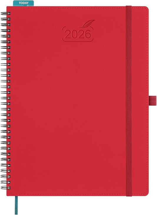 BEZEND 2026 Planner Weekly and Monthly (8.5" x 11" Spiral) Daily Calendar with Half-Hourly Timeslots & Tab (Jan-Dec) Note & Expenses, Pen Holder, Inner Pocket, Vegan Leather Softcover - Red