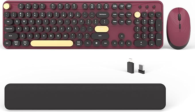 Wireless Computer Keyboards Mouse Combos, COVEVA Colorful Typewriter Retro Keyboard with Round Keycaps, USB Keyboard and Mouse Set 2.4GHz Full-Size Wireless Keyboard and Optical Mouse（Black-Claret）