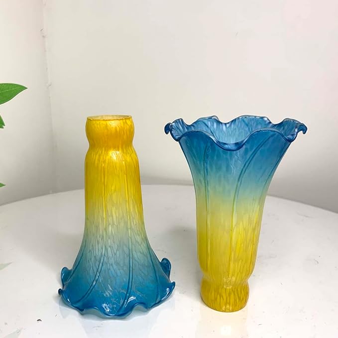 Bieye LS14 Lily Flower Blown Glass Lampshade (Yellow Blue, Opening I.D. 1.26" x O.D. 1.5")