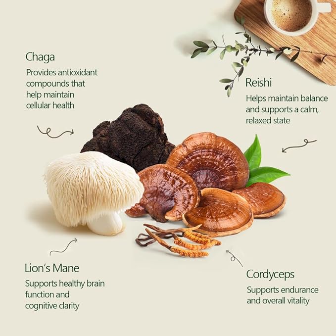 Hellomush Organic Instant Mushroom Coffee with Lions Mane, Reishi, Chaga and Cordyceps Coffee, Adaptogen Drink for Greater Energy, More Focus, Better Digestion, and Gut Support 28 Servings 3.52 oz