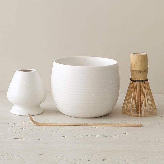 Matcha Whisk Set, Ceramic Matcha Bowl & Whisk Holder, Bamboo Accessory, Modern Design (White, Traditional Bowl Design)