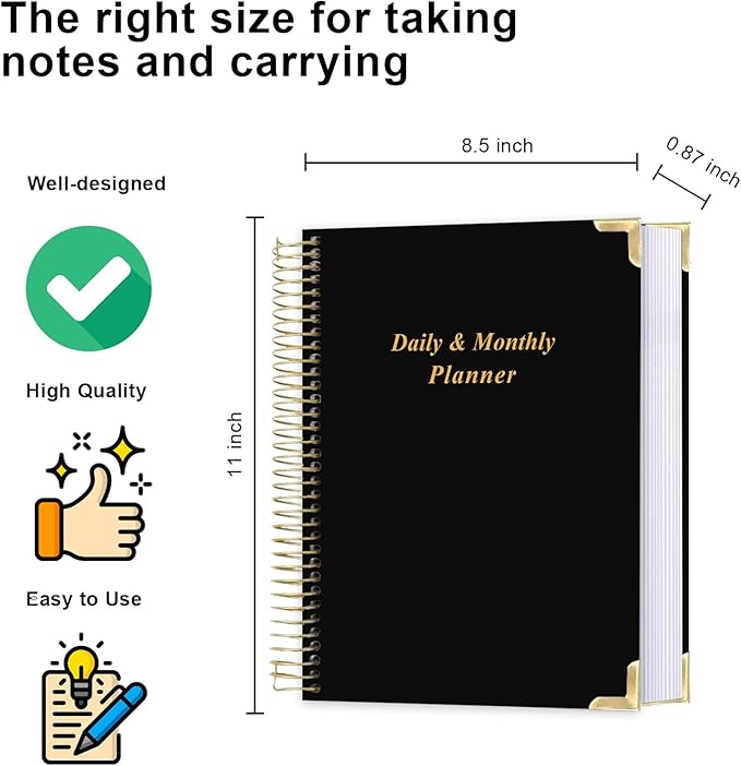 Undated Daily Monthly Planner for 2025 2026 - A4 To Do List with Hourly Schedule, Hardcover Spiral Bound Daily Planner to Increase Focus, Stylish School/Office Supplies, 8.5" x 11", Black