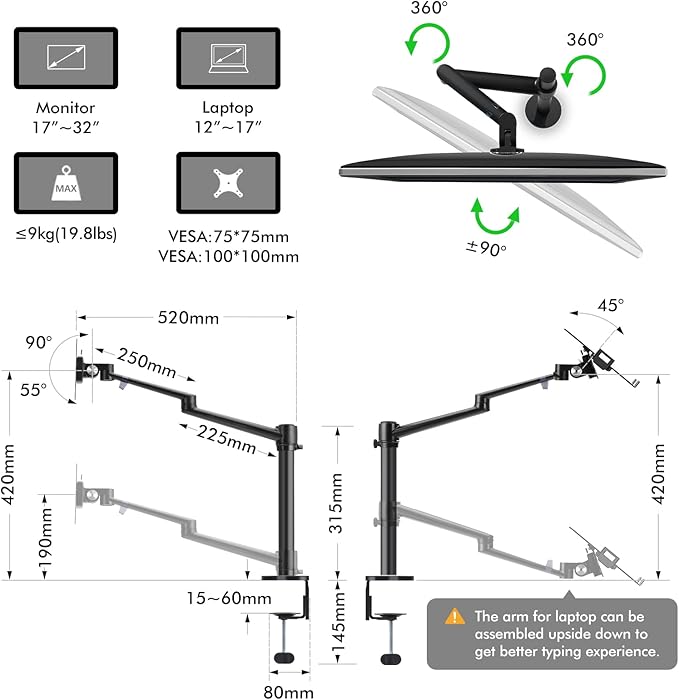 Viozon Monitor and Laptop Mount, 2-in-1 Adjustable Dual Arm Desk Mounts Single Desk Arm Stand/Holder for 17 to 32 Inch LCD Computer Screens, Extra Tray Fits 12 to 17 inch Laptops (Black)