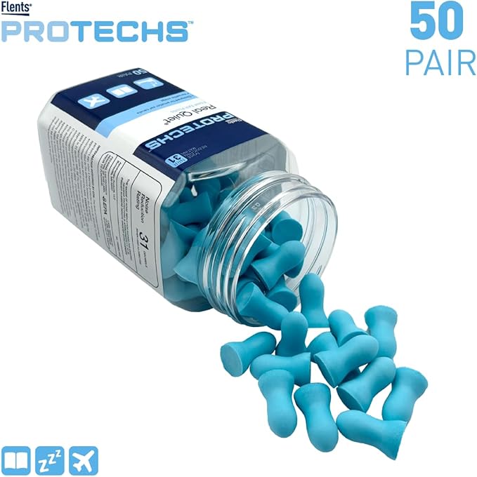 Flents Protechs Real Quiet Foam Ear Plugs for Small Ear Canals, Soft, Comfortable Hearing Protection for Sleep, Work, Travel & Loud Noise, NRR 31, Easy to Use, Blue, 50 Pairs