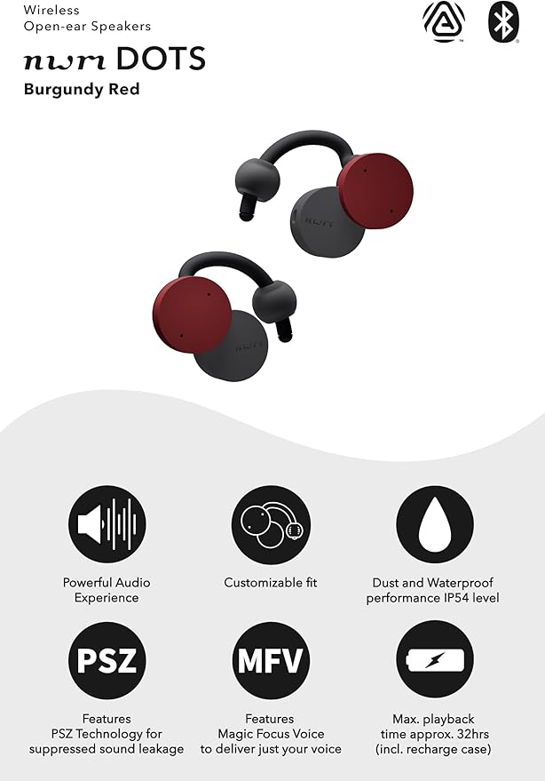 nwm DOTS Wireless On-Ear Speakers (Open Ear Earphones) Sound Leakage suppressed (PSZ Technology - Bone Conduction Alternative) with Optimal Microphone Function Designed in Japan | Burgundy Red