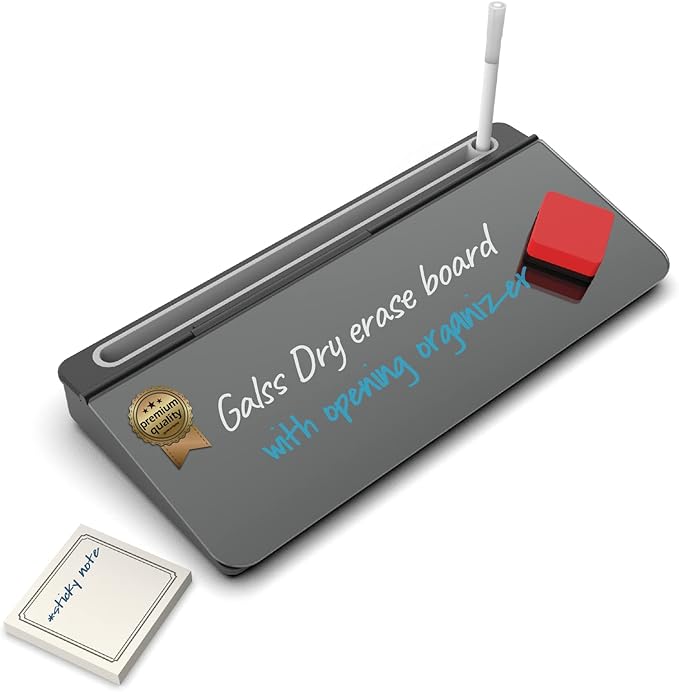 Audio-Visual Direct - Glass Desktop Computer Keyboard Whiteboard Notepad Set, Black (Includes Neon Marker, Eraser & Sticky Notes)