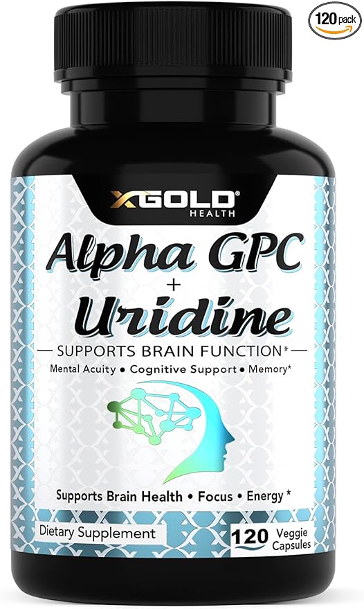 Alpha GPC Choline 600mg + Uridine Monophosphate 300mg-2-in-1 Nootropic Supplement Helps Boost Focus, Energy & Cognitive Performance -Potent Mood Enhancer & Brain Focus Supplements -120 Veggie Capsules