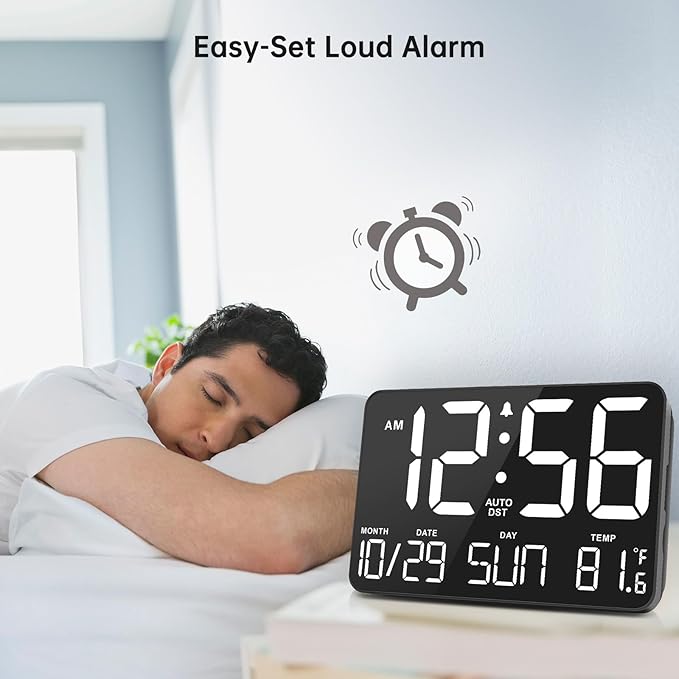 Soobest Large Display Digital Wall Calendar Clock with Date Day of Week, Alarm Clock for Bedroom Desk, Timer for Home Gym Workout 6 Dimmer Auto DST 12/24hr with Remote and Temperature(White)
