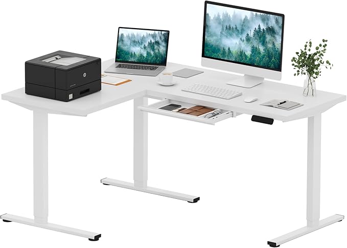 SANODESK L Shaped Electric Standing Desk with Drawer, 63 Inch Ergonomic Adjustable Height Desk with Storage, Corner Desk Sit Stand up Computer Table for Work Office Home, White