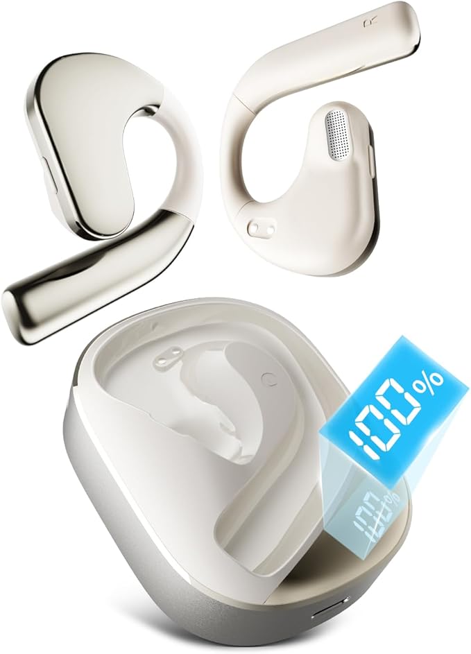 Open Ear Headphones, Dynamic Bass Boost Bluetooth 5.4 Air Conduction Wireless Earbuds w/16.2mm Large Driver, 50H Playtime, 3 EQ Modes, ENC Mic, IPX5, Lightweight Fit for Workout Running Beige