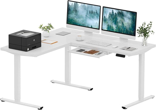 SANODESK L Shaped Electric Standing Desk with Drawer, 63 Inch Ergonomic Adjustable Height Desk with Storage, Corner Desk Sit Stand up Computer Table for Work Office Home, White