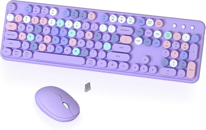 Colorful Wireless Keyboard and Mouse Combo, COVEVA 2.4GHz Wireless Retro Cute Round Keycaps Keyboard, 104 Keys Full-Sized Keyboard Mouse Set with Switch Button for PC Laptop Desktop (Purple Colorful)