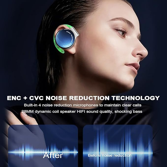 Clip on Headphones Bluetooth V5.3, On Ear Headphones Wireless with Earhooks, Open Ear Headphones, Sports Headset Bluetooth with 4 Microphones, Earphones Noising Cancelling/Long Battery Life