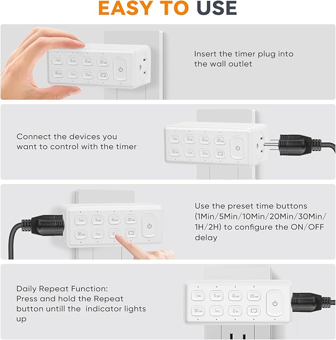 Countdown Digital Timer Outlet, Plug-in Timer for Electrical Outlets with Repeat Function, Manual Override, Up to 4H Auto Shut Off Switch for Indoor Lamp, Fan, Aquarium, 1875W, ½ HP, 4 Pack