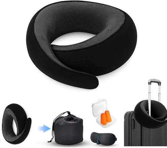 Travel Pillow, Travel Pillows for Airplanes, 100% Pure Memory Foam Travel Neck Pillow with Eye Mask & Ear Plugs, Comfort and Ergonomic Design, Ideal for Airplanes, Cars and Offices