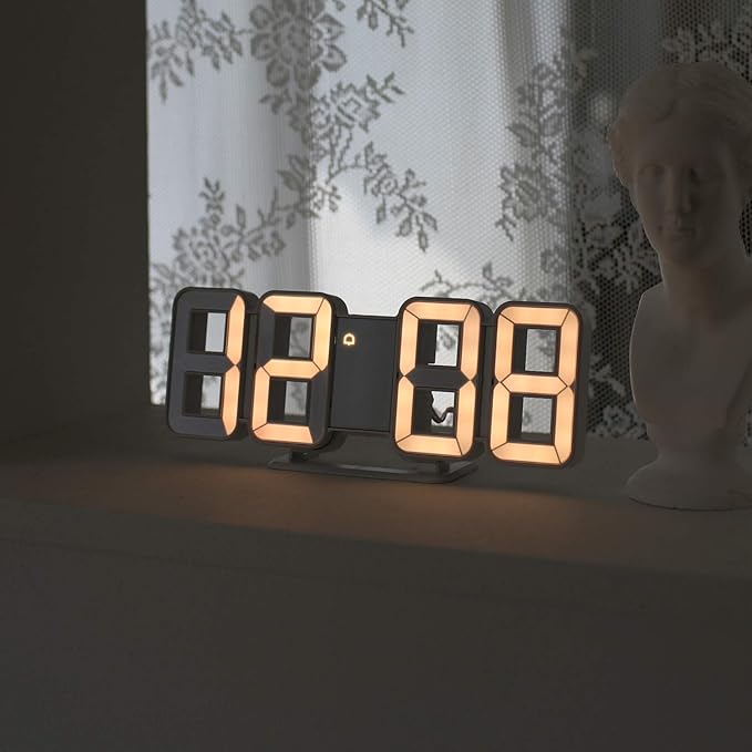 mooas 3D Pure mini White Gold LED Clock, Multi-Function LED Clock (Calendar, Alarm, Temperature) (8.5" White Gold Table Alarm Clock)