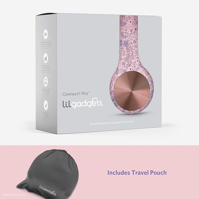 LilGadgets Connect+ Pro Wired Kids Headphones for School w/Microphone, Volume & Noise Reduction Over-Ear Headset w/Cord, SharePort Technology & SoftTouch Padding, Girl Power - Headphones for Kids