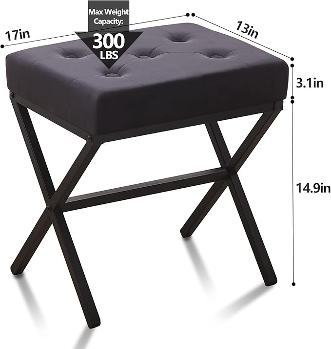 Wimarsbon Ottoman Foot Stool Tufted Vanity Stool Ottomans Thickened Cushion Footstool Mulifunctional Shoe Changing Seat Step Stools with Metal X Leg for Living Room Bedroom Velvet Black