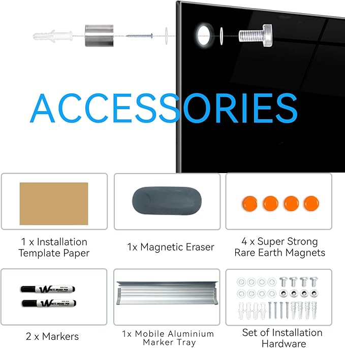 Glass Dry Erase Black Board - Magnetic Blackboard 48"X36" Frameless Whiteboard Clear Glass Boards with Super Strong Magnets, Wall Mounted for Office, Classroom and Home