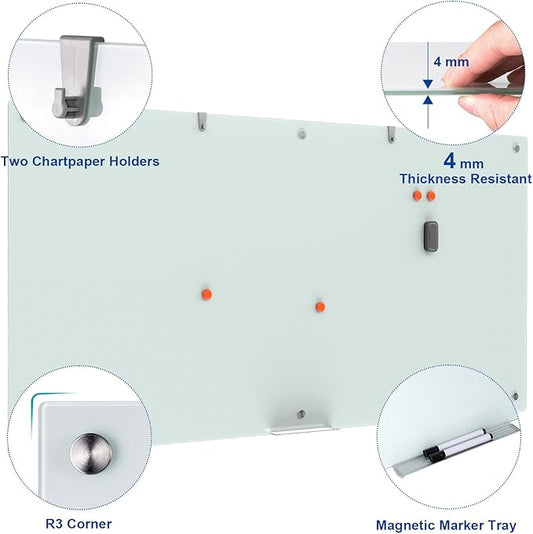 Large Glass Dry Erase Board, 96 x 48 Inches Magnetic Glass Whiteboard for Wall, 8' x 4' Frameless Board for Office, Home, School
