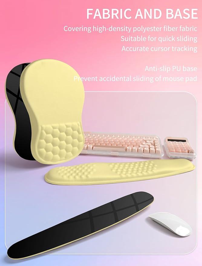 Hokafenle 2in1 Combination, Wave Keyboard Wrist Rest and Ergonomic Curvature Mouse Pad Wrist Support for Relieve Wrist Pain, Filled with Soft Cushion Memory Foam, Butter Yellow