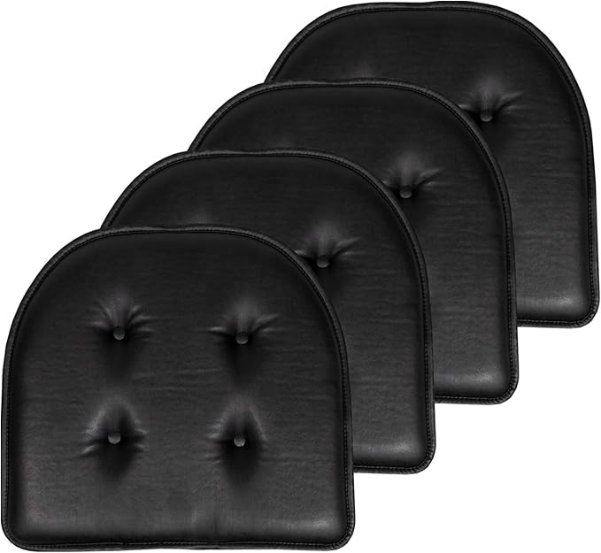 Sweet Home Collection Chair Cushion Memory Foam Pads Tufted Slip Non Skid Rubber Back U-Shaped 17" x 16" Seat Cover, Faux Leather Black 4 Count