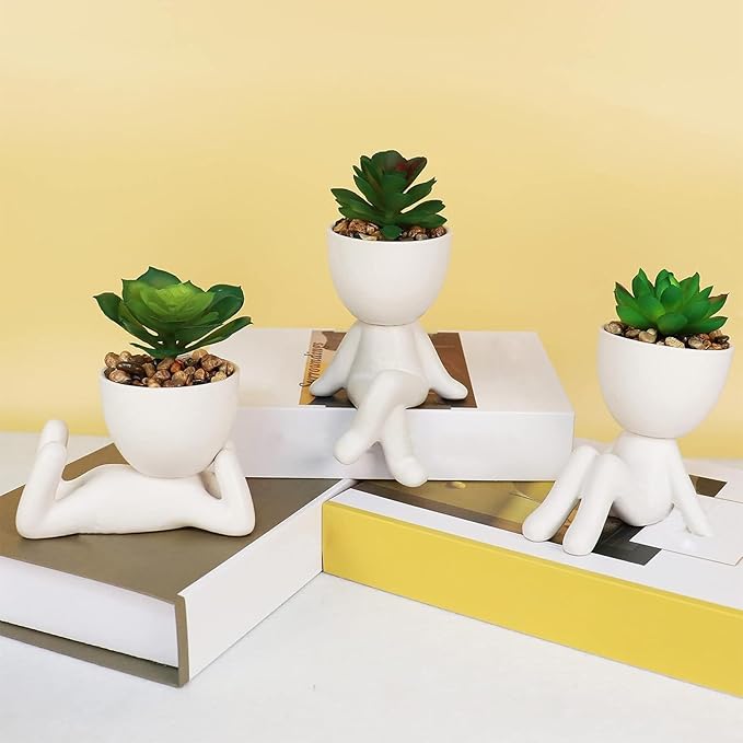 Zerzsy 3 PCS Artificial Succulent Plants, Faux Succulents Mini Plants for Office Women Desk Decor,Cute Succulent Bedroom Aesthetic Office Cubicle Decoration for Bookshelf Decor (Ceramic White)